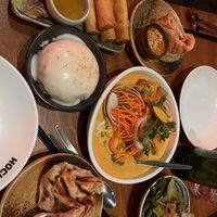Spring rolls, roti, coconut rice, Southside curry and Hanoi greens   at Hochi Mama in Melbourne