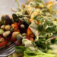Warm salad with sweet potatoes, edame, red beets and broccoli.  at Mazā Terapija in Riga