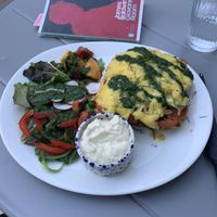 Chickpea frittata with mushrooms and spinach, zucchini, bell peppers, fresh dill and a side salad  at Mazā Terapija in Riga