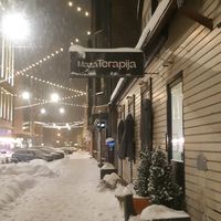 view from the snowy outside 🖤 at Mazā Terapija in Riga