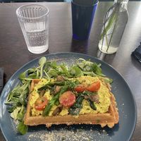 Breakfast waffle with scrambled tofu  at Mazā Terapija in Riga