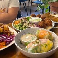 Spring rolls, tahini, schnitzel, falafel, tiramisu   at Mazā Terapija in Riga