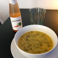 Soup and rhubarb lemonade at Mazā Terapija in Riga