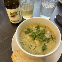 Soup of the day as well as a papaya kombucha   at Mazā Terapija in Riga