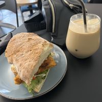 Soy cutlet sandwich was yummy! Iced soy latte also good   at Mazā Terapija in Riga