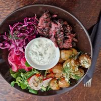 Excellent potatoes, aubergine herring, salad and other. at Mazā Terapija in Riga