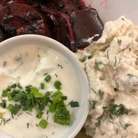 Close up of the “herring”, beets, and sour cream. at Mazā Terapija in Riga