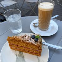 No-honey cake and latte. at Mazā Terapija in Riga