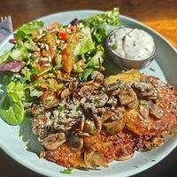 Potato pancake with mushrooms at Mazā Terapija in Riga