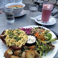 Soy schnitzel, soup and raspberry chai latte at Mazā Terapija in Riga