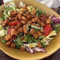 Tempeh salad had with fresh lemon dressing and very crispy tempeh  at Mazā Terapija in Riga