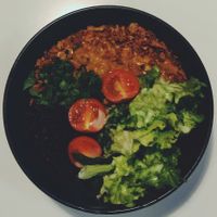 Pumpkin-tomato curry with black rice at Mazā Terapija in Riga