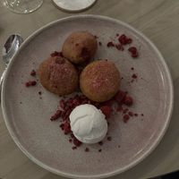 Cinnamon doughnuts with raspberry jam and sorbet  at Jensens in Kareela