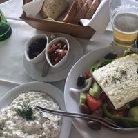 Tzatziki, bread and Greek Salad at Vitamins Taverna in Corfu