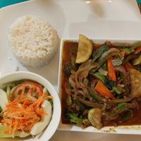 Vegan curry+ coconut rice+ salad at Dawn's Grill in Placencia