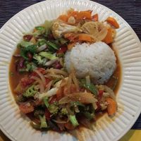 creole vegetables with coconut rice at Dawn's Grill in Placencia