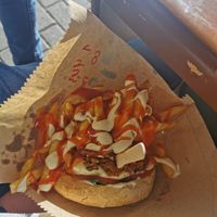 Take away cheeseburger and chips at Vegan 365 Kitchen in Skopje