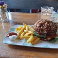 Veggie burger and fries at Vegan 365 Kitchen in Skopje