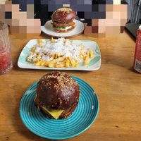 Veggieburger, Cheeseburger and Fries with feta cheese at Vegan 365 Kitchen in Skopje