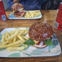 Cheeseburger and Fries at Vegan 365 Kitchen in Skopje