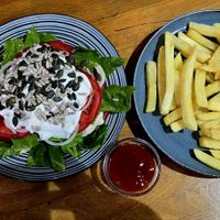 Healtha salad with french fries at Vegan 365 Kitchen in Skopje