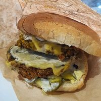Double Cheese Burger with Falafel Patties at Vegan 365 Kitchen in Skopje