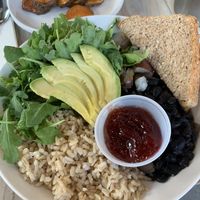 Power bowl with no egg, side of sweet potato wedges at Tribal All Day Cafe in Dallas