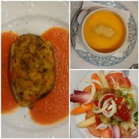 Stuffed aubergine, creamy carrot soup and escalivada salad at Garibolo in Bilbao