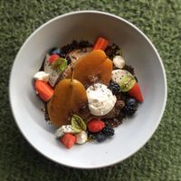 Poached pear chia pudding
Loaded with fresh seasonal fruits ?, coconut yoghurt ?, splashed with cacao maple drizzle ? and garnished with hazelnut dirt.  at Dbl Ristretto in Springwood