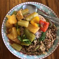 pad priew wan & larb  at Raan Ahaan Jai Vegetarian Restaurant in Nakhon Phanom