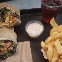 Kitchen wrap, french fries, garlic dip and raspberry soda at Swing Kitchen - Währinger Straße in Vienna