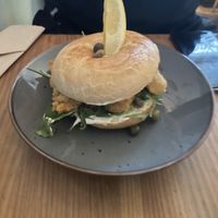 Bagel with vegan calamares  at Jaskolka in Warsaw