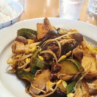 Tofu with rice and vegetables at Monpan Shokudo in Kyoto