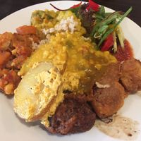 Koftas, Pakoras, Vegetable Curry, Potato Gratin, Daal, Rice & Salad. All Vegan. at Govindas - Surfers Paradise in Surfers Paradise