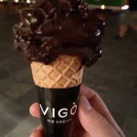 Dark chocolate with orange and chocolate sauce on top at Vigo Ice Cream in Ljubljana