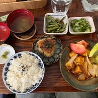 Shougayaki Teishouku Tofu Set with Garlic Miso Mushroom Yaki Onigiri at Ippuku Tea House in York