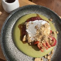 Pancake with matcha and deconstructed strawberry cheesecake   at Ippuku Tea House in York