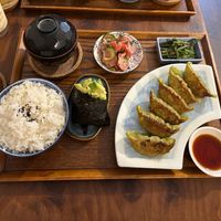 vegetable gyoza set with avocado onigiri at Ippuku Tea House in York