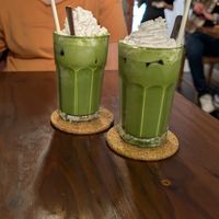 iced matcha lattes with dairy free whipped cream & oat milk at Ippuku Tea House in York