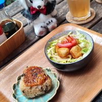 Fried onigiri and ginger tofu rice bowl at Ippuku Tea House in York