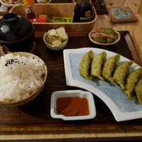 Gyoza set with pickle and miso soup at Ippuku Tea House in York