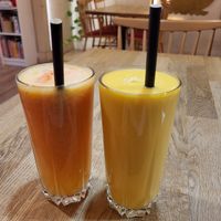 Mixed juice and Vegan mango lassi. at Bhajan Cafe in Krakow