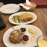 Great vegan breakfast options: tofu scramble with bread and salad and vegan pancakes!  at Bhajan Cafe in Krakow