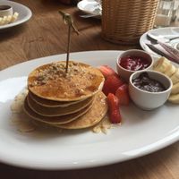 Vegan pancakes with strawberries and chocolate hazelnut.  at Bhajan Cafe in Krakow
