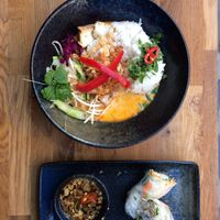Crispy tofu with rice and curry + fresh spring rolls. at Chao Viet Kitchen in Copenhagen