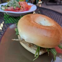 Just Egg breakfast sandwich in front and sushi grain bowl in the back at NU Kitchen in Worcester