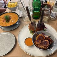 Chochisima vegan burger and sweet potato soup, also vegan.  at De La Llama in Quito