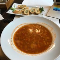 Vegetable sour soup and garlic bread at Casa Veche in Cluj-napoca