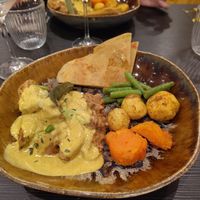 The vegan roti with curried jackfruit, beans, okra, potato puffs and roasted sweet potato at The Caribbean Housewife in Copenhagen