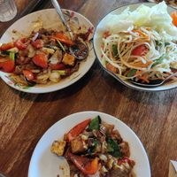 Vegan pad kee mao (not on the menu) and vegan green papaya salad. Delicious! at Isarn Thai Soul Kitchen in Lynnwood